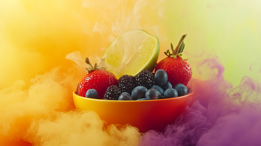 Benefits of Fisetin Supplements with colourful fruit bowl surrounded with colourful smoke