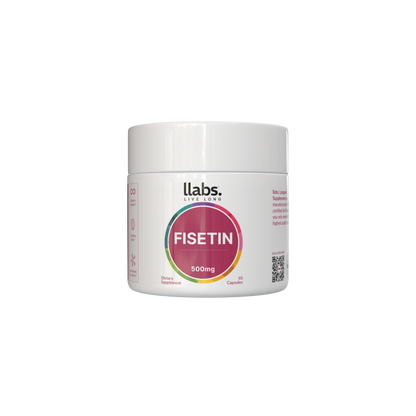 A container of llabs. Fisetin Capsules - 2 Months Supply with the label "Fisetin 500mg" from llabs.