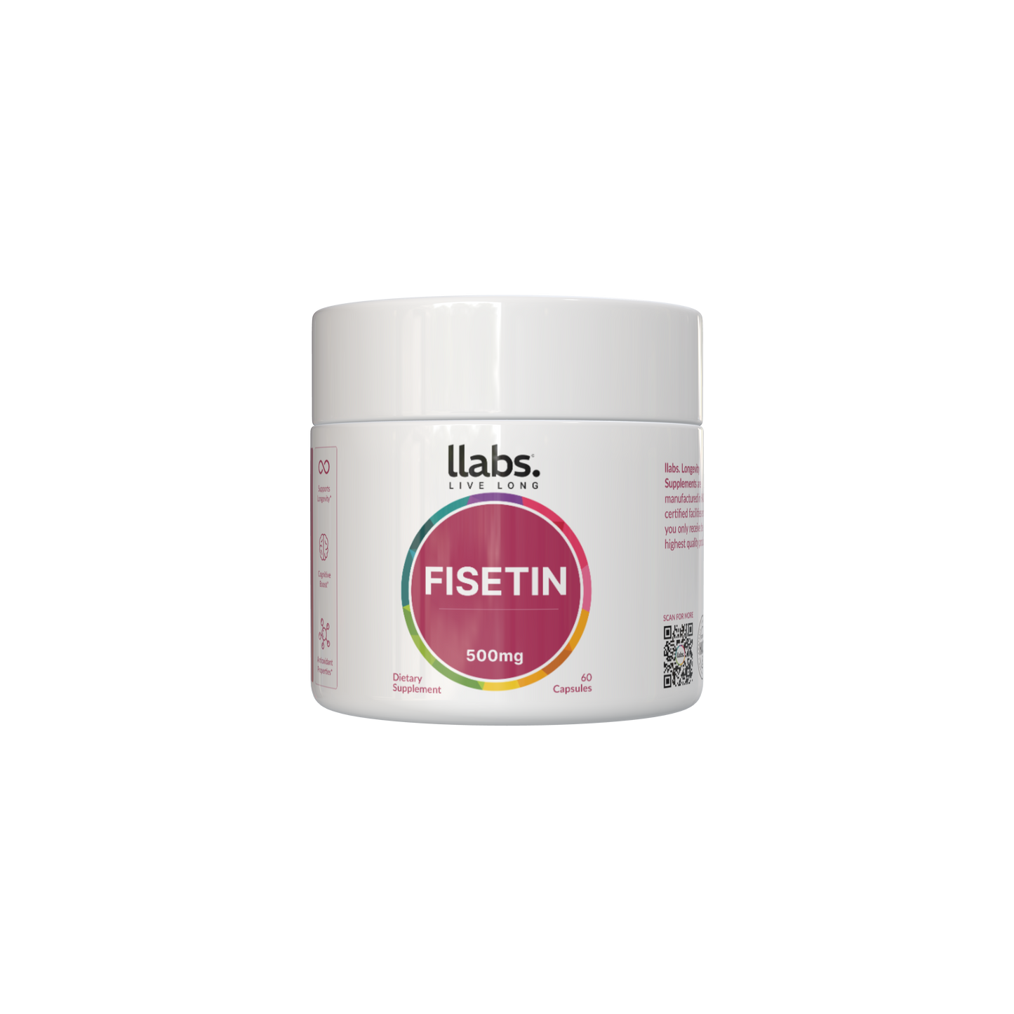 A white container labeled "🎁 llabs. Fisetin Supplements" with 60 capsules inside, from the brand llabs., is used as a dietary supplement and comes with a special Buy X Get Y offer.