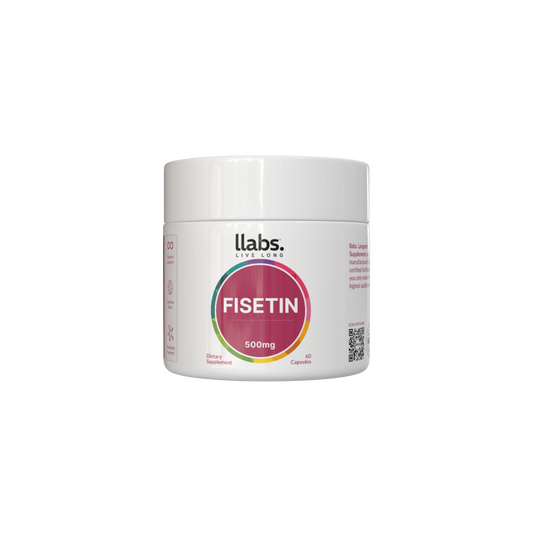 A white container labeled "🎁 llabs. Fisetin Supplements" with 60 capsules inside, from the brand llabs., is used as a dietary supplement and comes with a special Buy X Get Y offer.