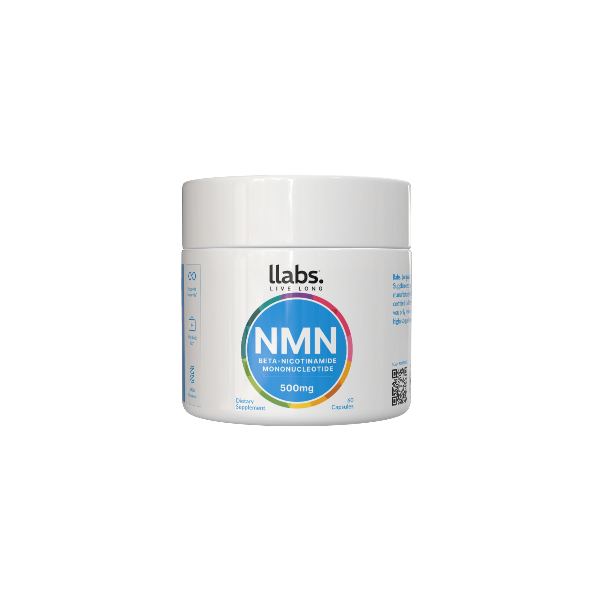 A white container of the 🎁 llabs. NMN Supplement, boasting 500mg of Beta-Nicotinamide Mononucleotide, is elegantly displayed against a black background. Enjoy our 100% off offer and enhance your well-being with this premium supplement from llabs.