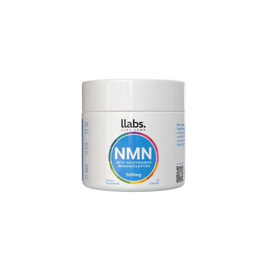 A white container of the 🎁 llabs. NMN Supplement, boasting 500mg of Beta-Nicotinamide Mononucleotide, is elegantly displayed against a black background. Enjoy our 100% off offer and enhance your well-being with this premium supplement from llabs.