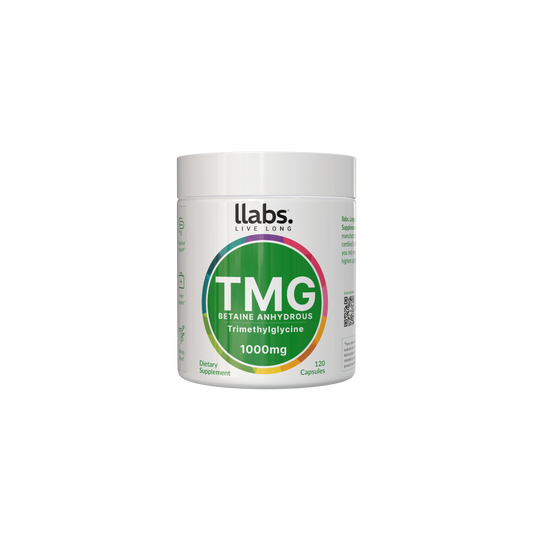 Container of llabs. TMG (Betaine) supplement capsules, 1000mg, with 120 capsules, by llabs., isolated on a black background.