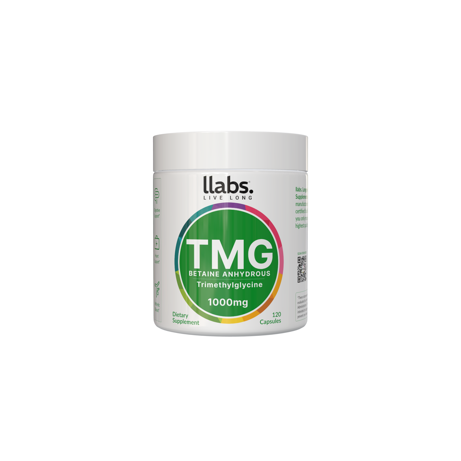 A container of Fisetin + TMG Bundle (betaine anhydrous), 1000mg, 120 count, by Fast Bundle. The label is white with green accents.