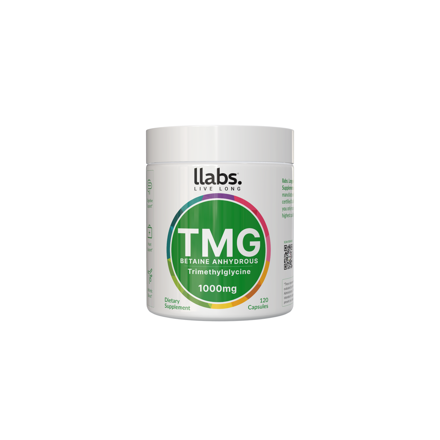 Get a container of 🎁 llabs. TMG Supplement (Betaine) and enjoy a Buy One Get One Special offer for double the wellness! Each capsule contains 1000mg of Betaine Anhydrous Trimethylglycine and comes with 120 capsules per bottle.