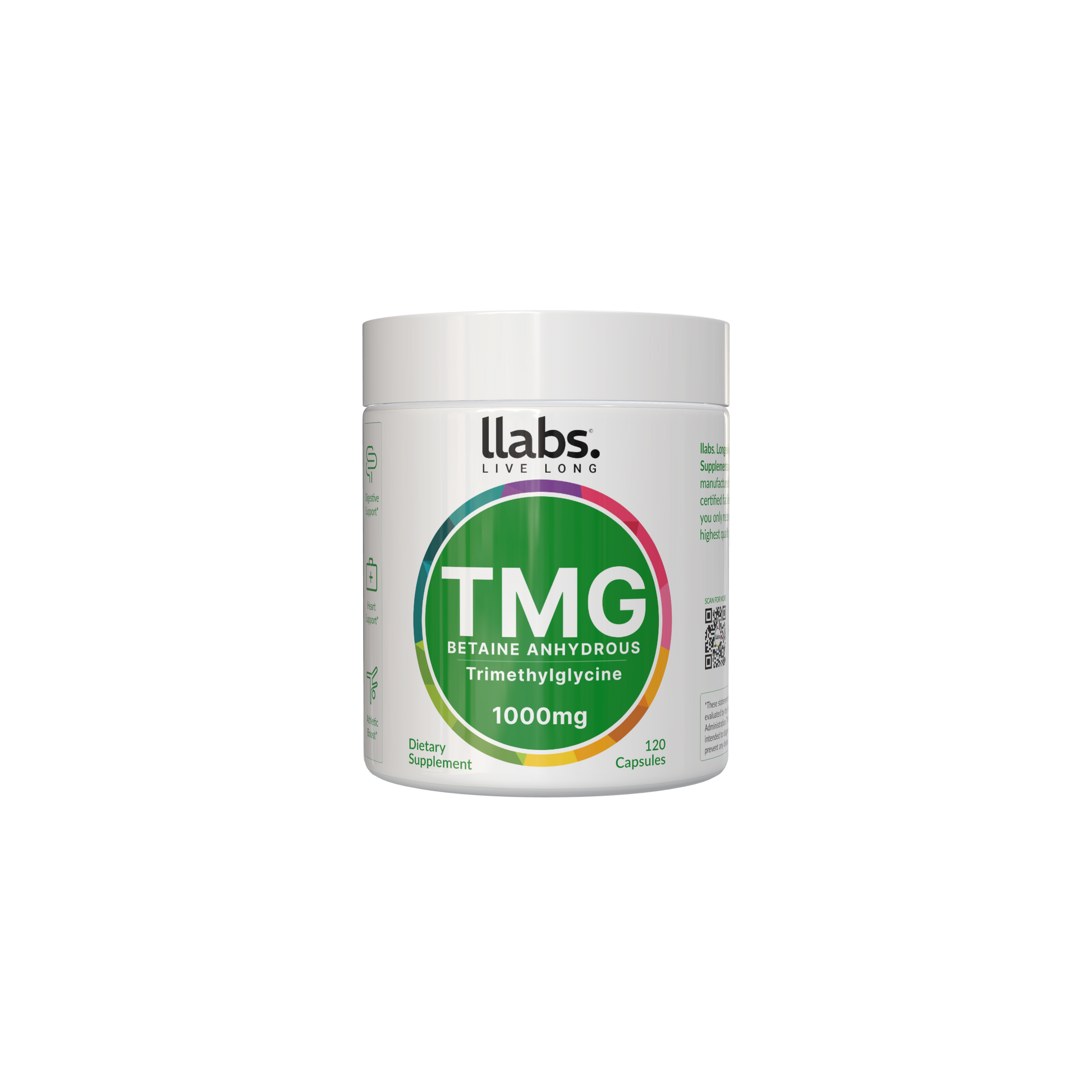 Get a container of 🎁 llabs. TMG Supplement (Betaine) and enjoy a Buy One Get One Special offer for double the wellness! Each capsule contains 1000mg of Betaine Anhydrous Trimethylglycine and comes with 120 capsules per bottle.