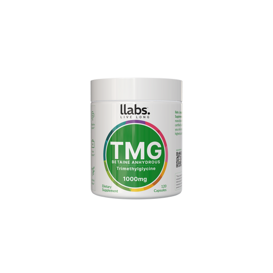 A white container of 🎁 llabs. TMG Supplement (Betaine), 1000mg, 120 capsules from llabs., featuring a special Free Gift included.