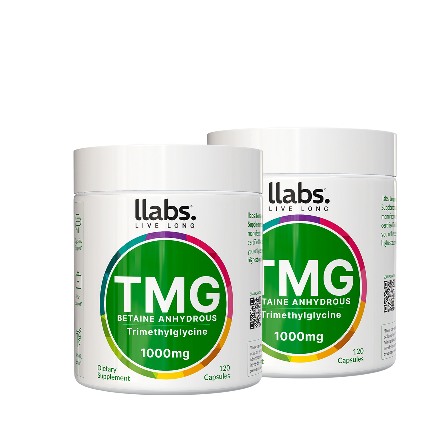 Two white containers of llabs. TMG Supplement (Betaine) 1000mg, each featuring a green label and containing 120 capsules, are placed side by side. Take advantage of a Buy One Get One free offer from llabs., making this an unbeatable deal for maintaining your health smartly.